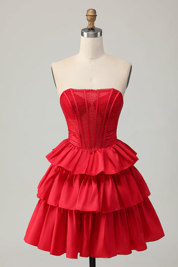 Red Strapless Beaded A Line Tiered Corset Homecoming Dress with Bow